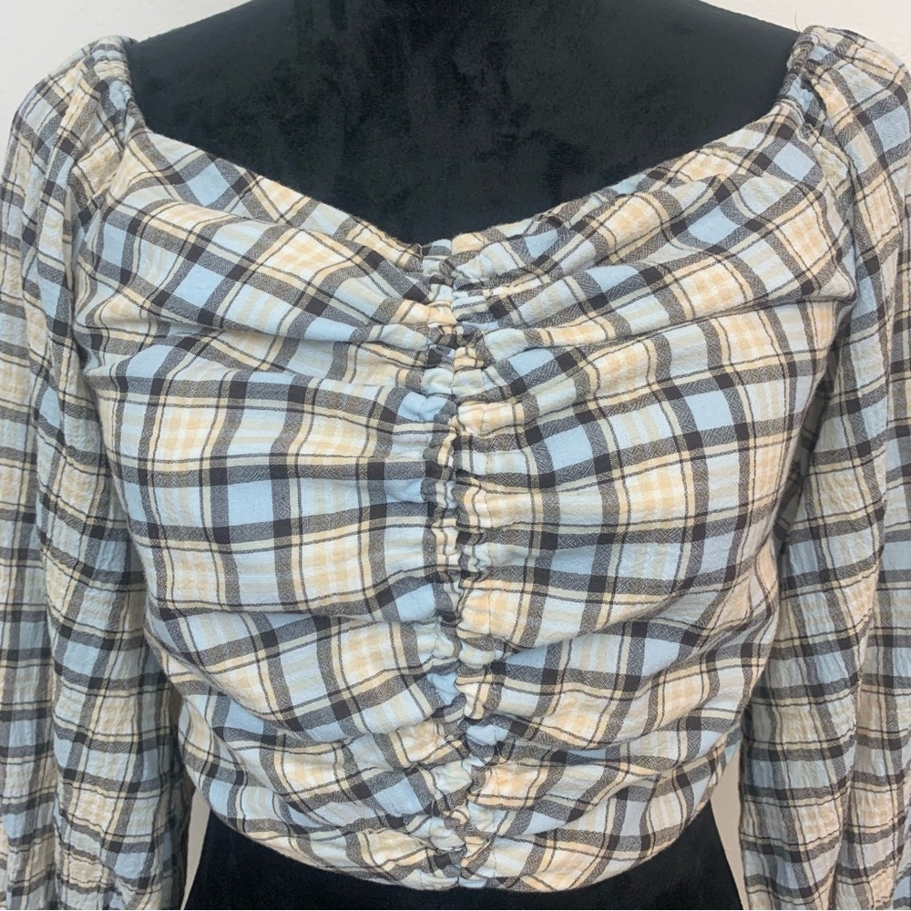 Zara Women's M Blue Cream Plaid Ruched Chic Cottagecore 3/4 Sleeve Blouse - Picture 4 of 10